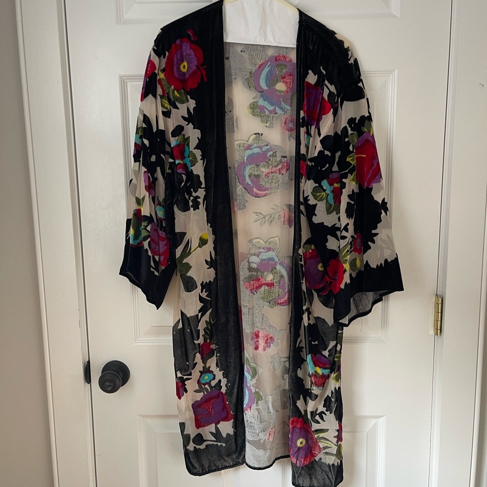 Floral Kimono Jacket - Black and Multicolor